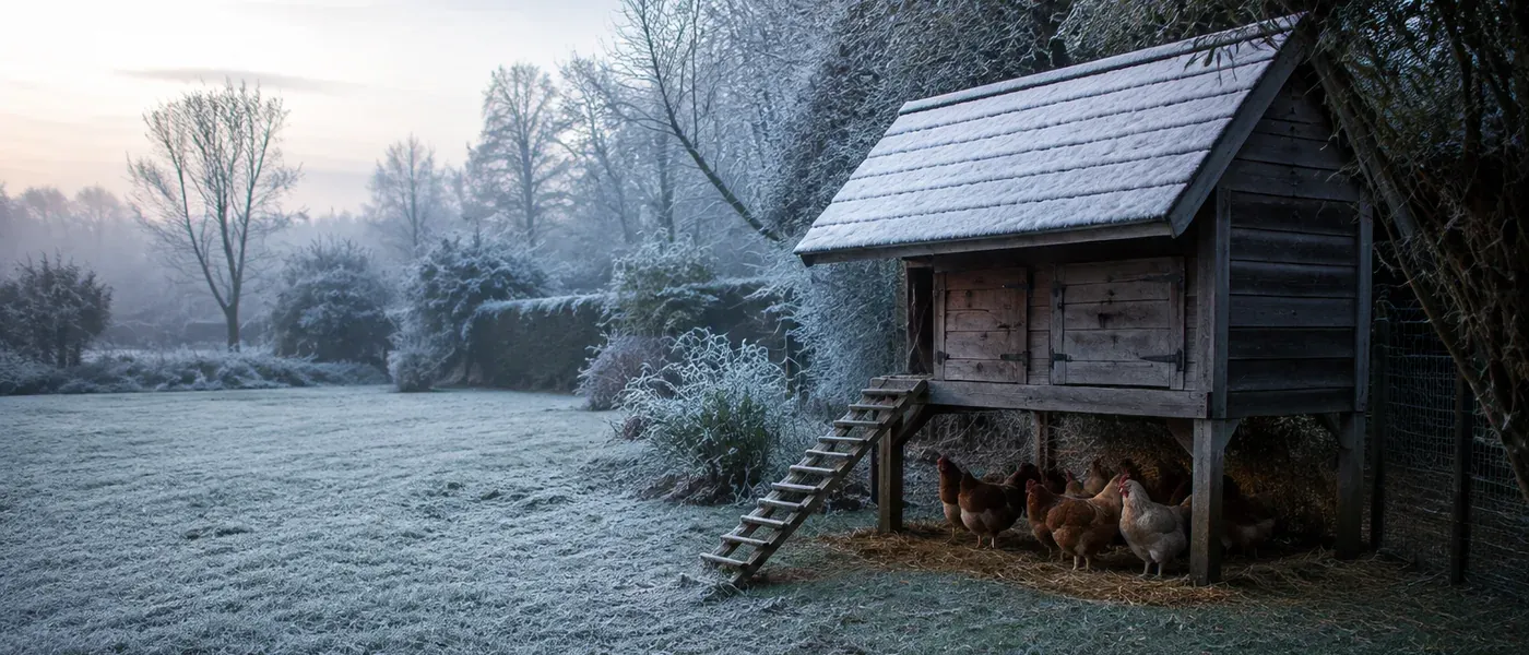 Poulailler en bois surélevé un matin de givre, poules abritées dessous, pré blanchi et arbres nus au fond