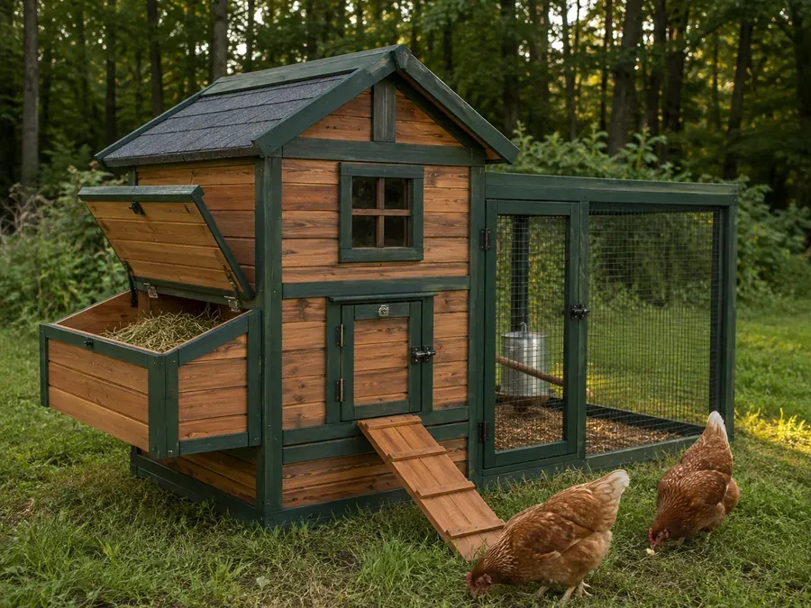 Poulailler en bois à toit sombre avec pondoir ouvert, rampe d'accès et enclos grillagé, deux poules rousses dans l'herbe