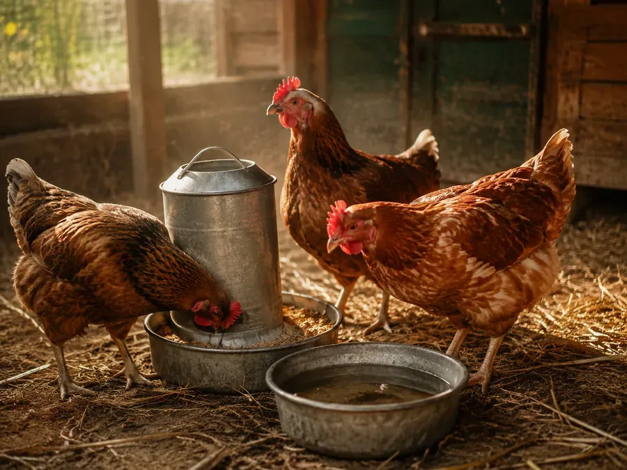 Trois poules rousses autour d'un abreuvoir en métal et de deux gamelles, sur une litière de paille
